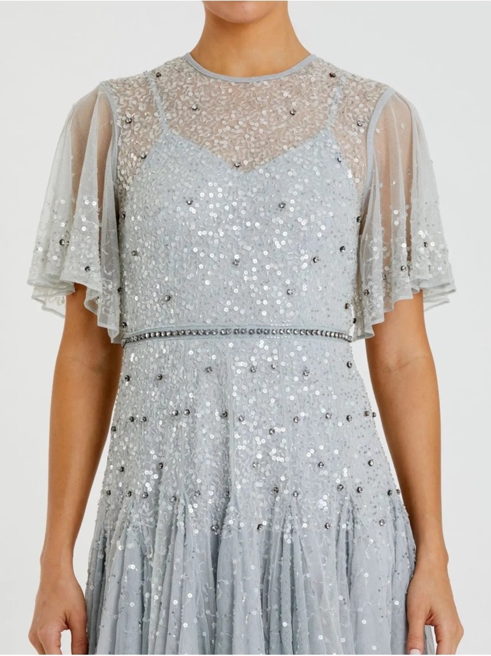 NWT:Flutter cape Sleeve Beaded Tea Length Drop Waist Dress - a few loose threads - Picture 2 of 13